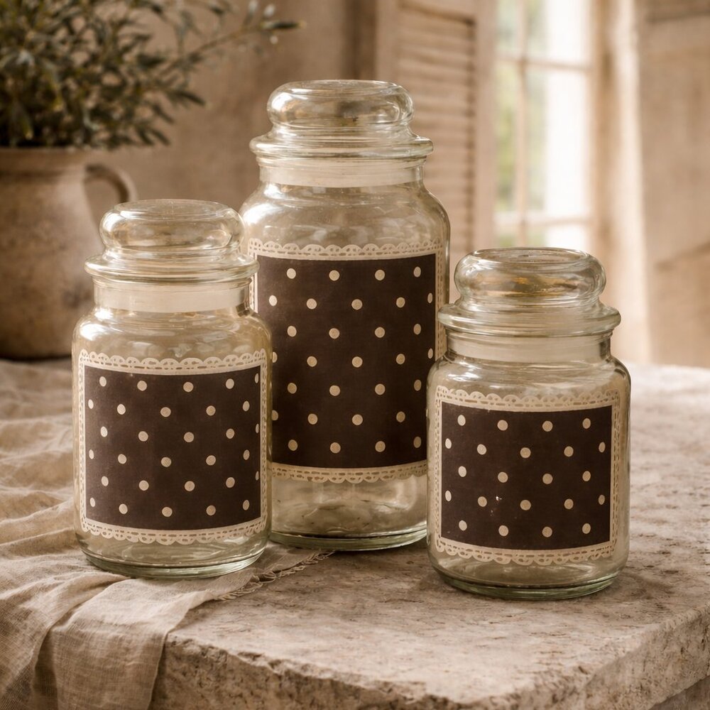 Vintage Anchor Hocking Glass Jars Containers Polka Dots & Lace Set of 3